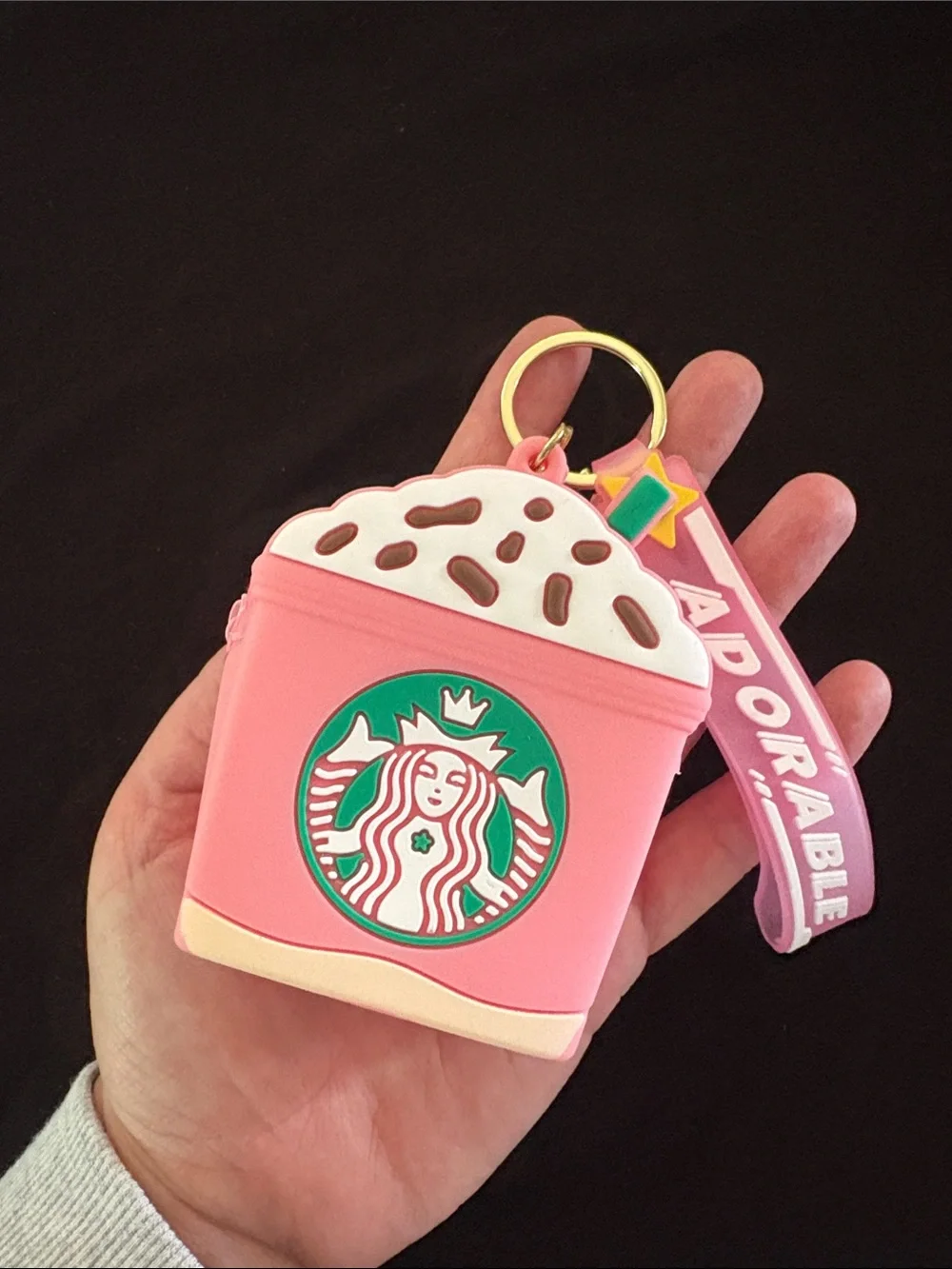 Cute coffee-themed Pink Silicone Pouch Keychain Bag Charm with 'Adorable' Strap